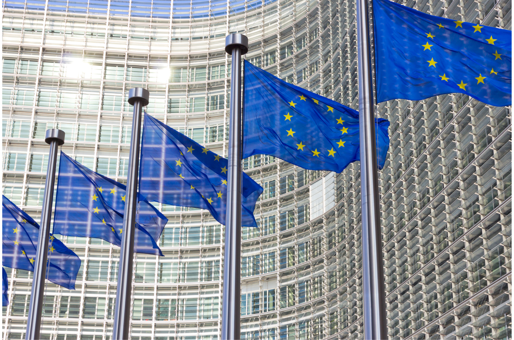 European Union flags waving in front of a modern European parliament building